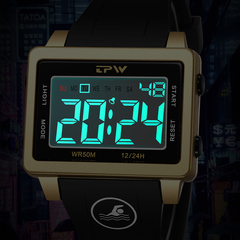 TPW K9046 Trendy Rectangle Golden Case Chronograph Male Relogio Digital Watch for Men