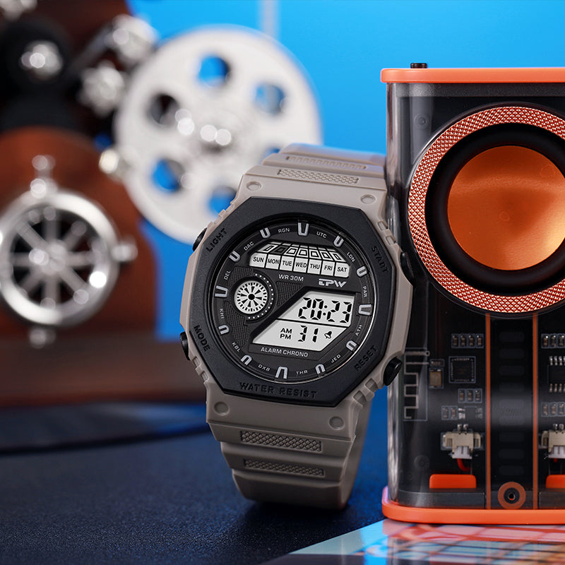 TPW K9049 Fashion Luminous Digital Electronics Chrome Watches for Men Wristwatches