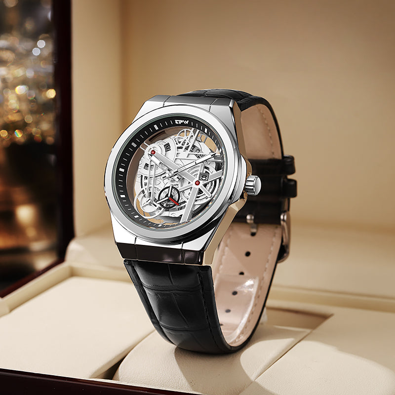 TPW K5129 Wholesale Skeleton Luminous Calendar Analog Leather Quartz Watch for Men