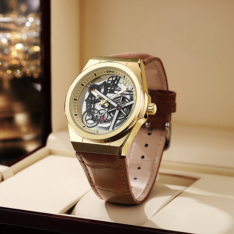 TPW K5129 Wholesale Skeleton Luminous Calendar Analog Leather Quartz Watch for Men