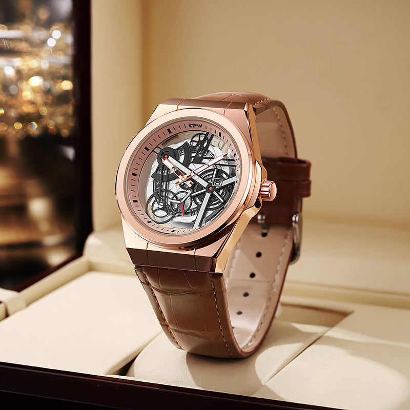 TPW K5129 Wholesale Skeleton Luminous Calendar Analog Leather Quartz Watch for Men