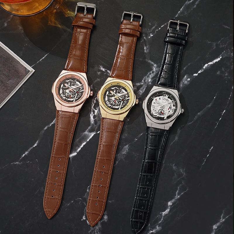 TPW K5129 Wholesale Skeleton Luminous Calendar Analog Leather Quartz Watch for Men