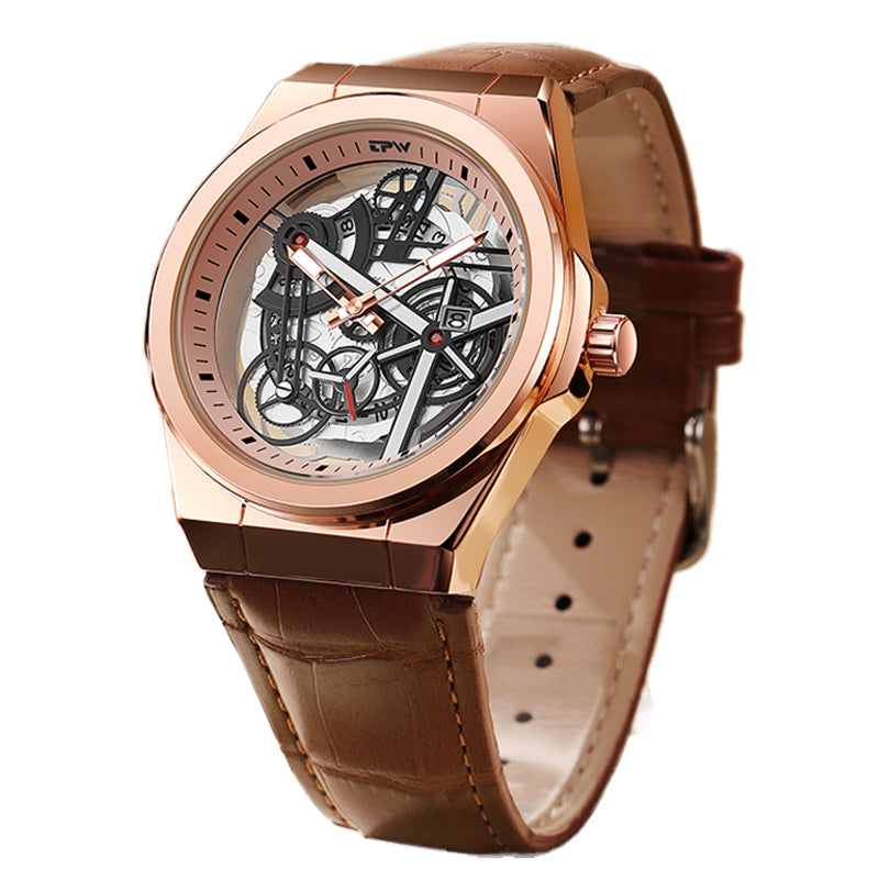 TPW K5129 Wholesale Skeleton Luminous Calendar Analog Leather Quartz Watch for Men