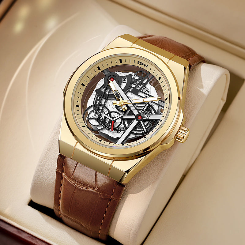 TPW K5129 Wholesale Skeleton Luminous Calendar Analog Leather Quartz Watch for Men