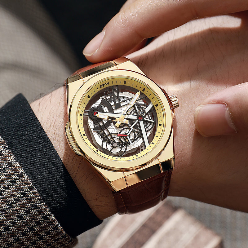 TPW K5129 Wholesale Skeleton Luminous Calendar Analog Leather Quartz Watch for Men