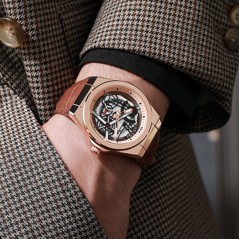 TPW K5129 Wholesale Skeleton Luminous Calendar Analog Leather Quartz Watch for Men