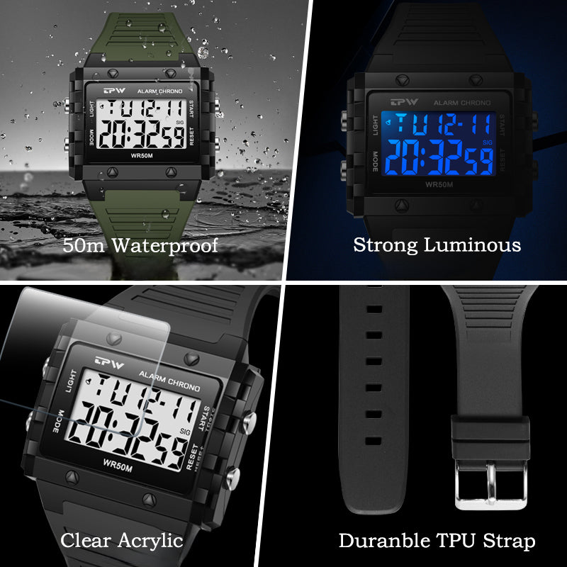 TPW K9064 Cool Fashion 5ATM Waterproof Calendar Week Athletic Digital Watches for Men