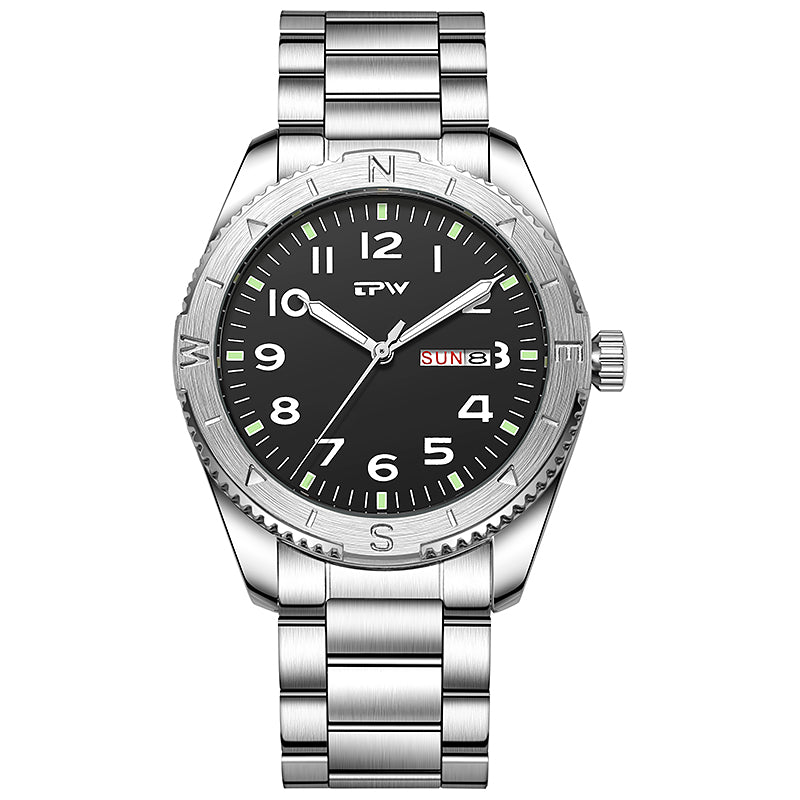 TPW K7104 Waterproof Calendar Solid Stainless Steel Band Black Quartz Watch for Men Luxury