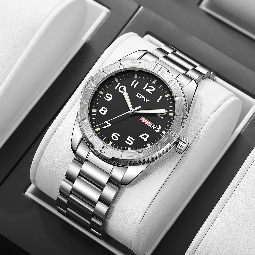 TPW K7104 Waterproof Calendar Solid Stainless Steel Band Black Quartz Watch for Men Luxury