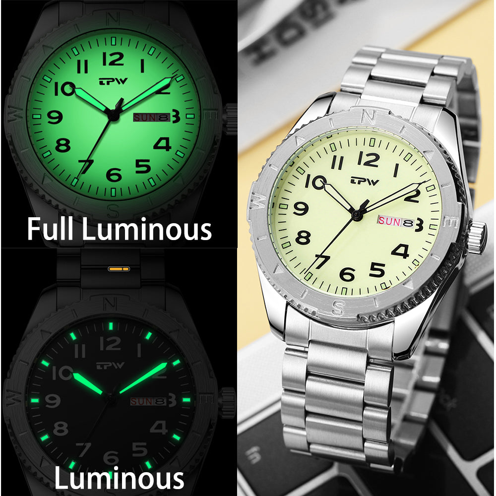 TPW K7104 Waterproof Calendar Solid Stainless Steel Band Black Quartz Watch for Men Luxury
