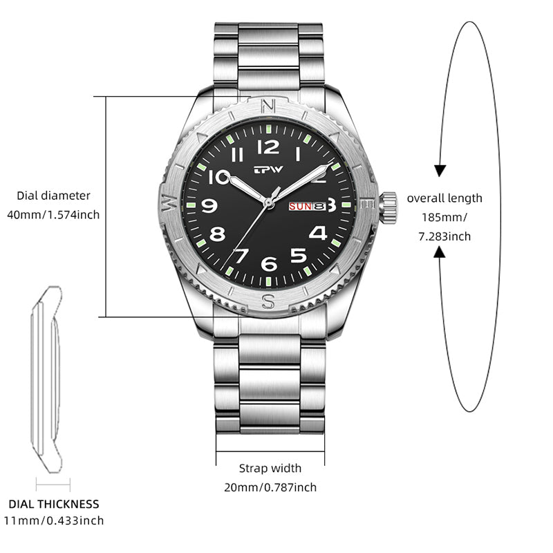 TPW K7104 Waterproof Calendar Solid Stainless Steel Band Black Quartz Watch for Men Luxury