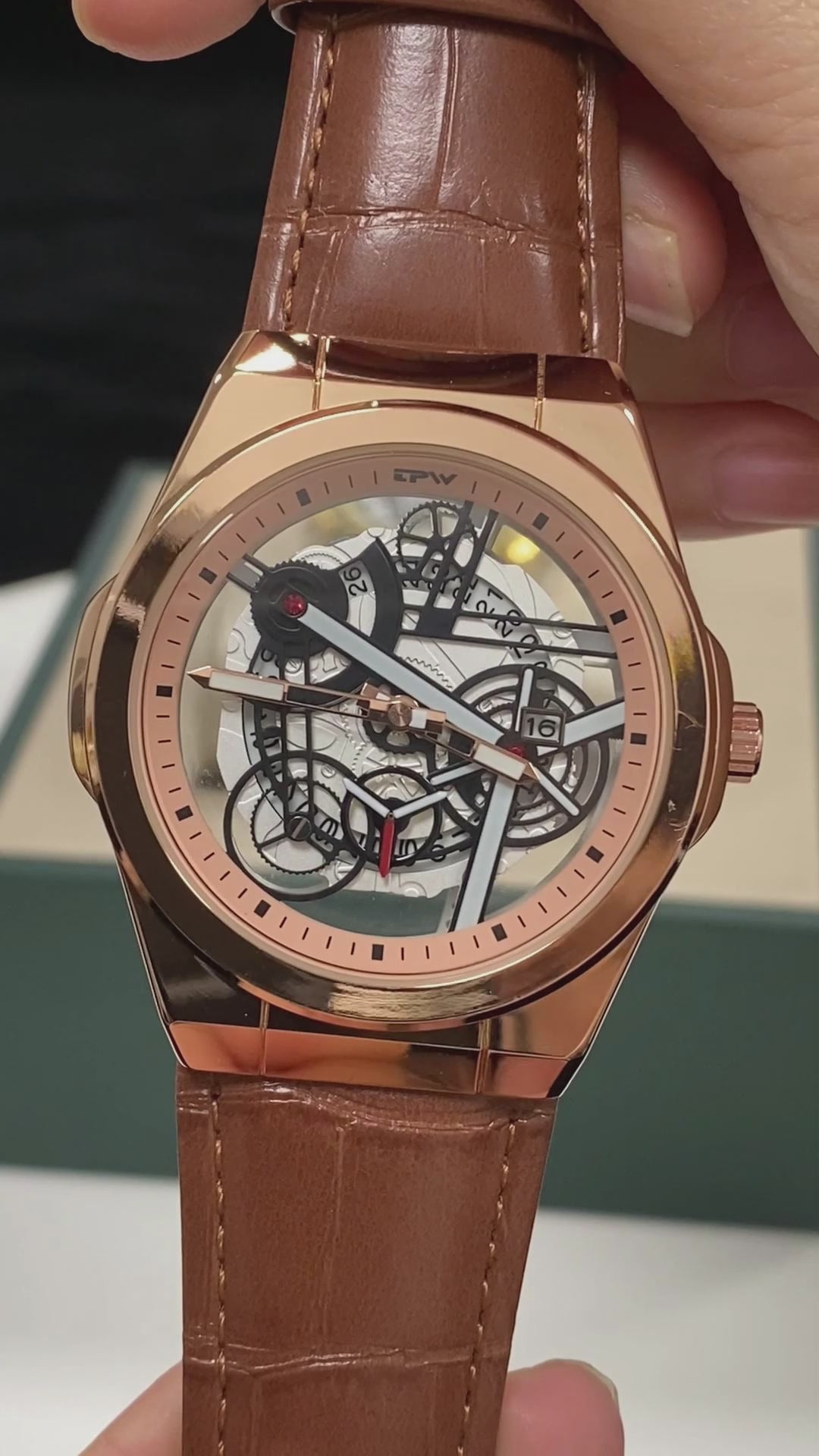 TPW K5129 Wholesale Skeleton Luminous Calendar Analog Leather Quartz Watch for Men