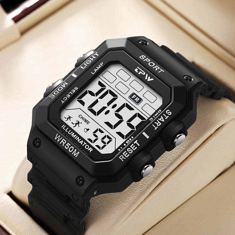 TPW K9053 Trending Mens' Square Led Sport 5ATM Waterproof Digital Chronograph Watches